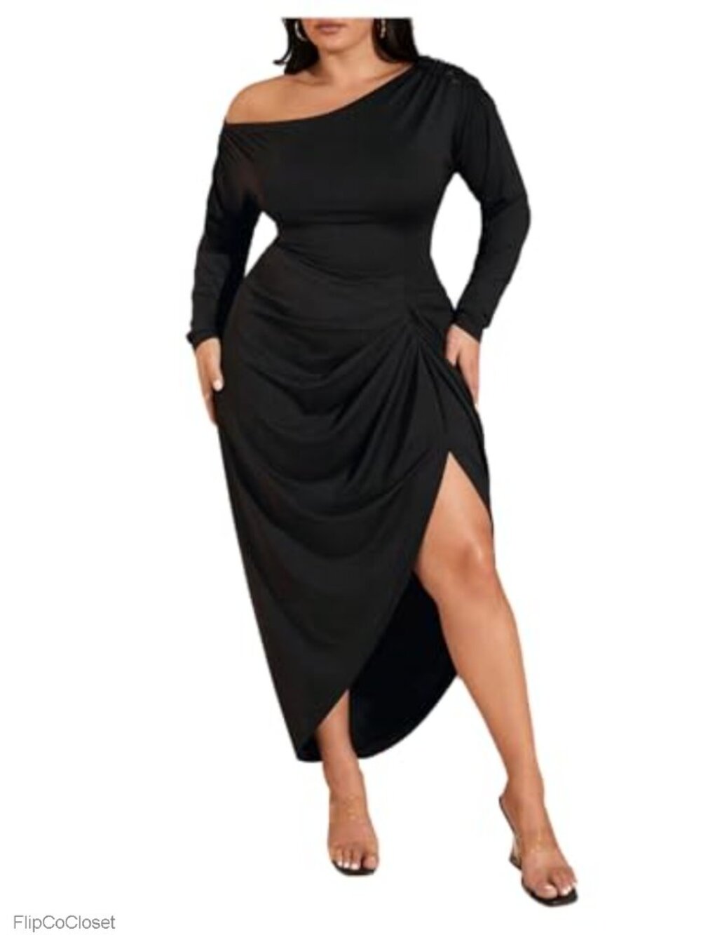 Women's Plus Size Off Shoulder Long Sleeve Ruched Bodycon Maxi Dress